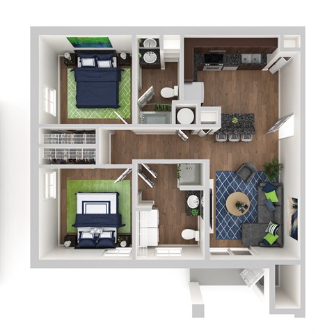 Floor plan for 2 beds, 2 baths, 983 sqft