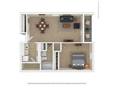 Floor plan for 1 bed, 1 bath, 670 sqft