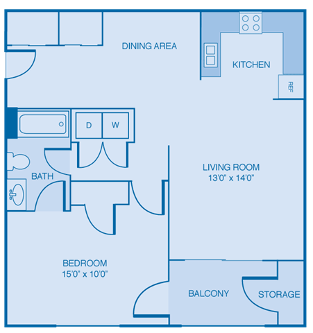 Floor plan for 1 bed, 1 bath, 788 sqft