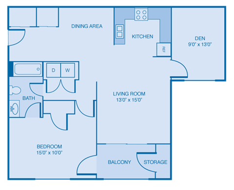 Floor plan for 1 bed, 1 bath, 922 sqft
