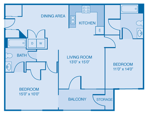 Floor plan for 2 beds, 2 baths, 1058 sqft