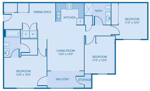 Floor plan for 3 beds, 2 baths, 1206 sqft