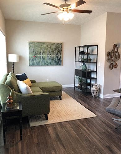 Elizabethtown apartment for rent - A living room with a green couch and a painting on the wall.
