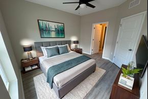 Louisville apartment for rent - A bedroom with a large bed and a ceiling fan.