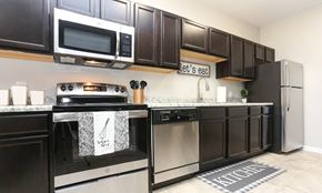 Richmond apartment for rent - A kitchen with dark brown cabinets and stainless steel appliances.