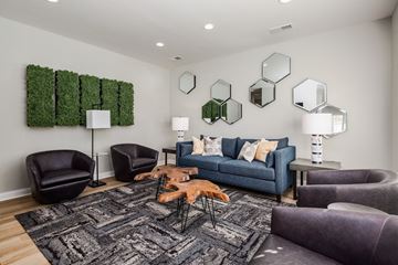 New Albany apartment for rent - A living room with a grey rug and a blue couch.