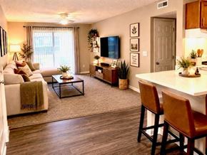Louisville apartment for rent - A living room with a couch, a coffee table, and a television.