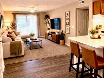 Louisville apartment for rent - A living room with a couch, a coffee table, and a television.