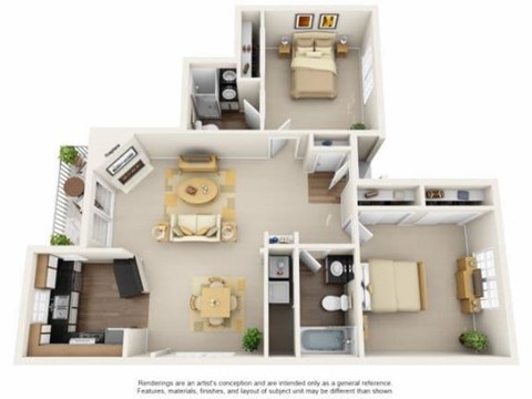 Floor plan for 2 beds, 2 baths, 1000 sqft