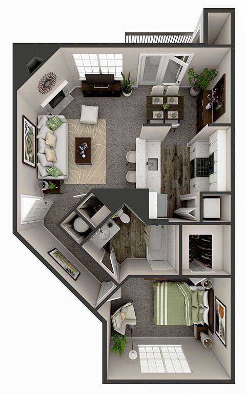 Floor plan for 1 bed, 1 bath, 766 sqft