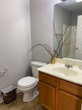 Richmond apartment for rent - a bathroom with a toilet and a sink and a mirror