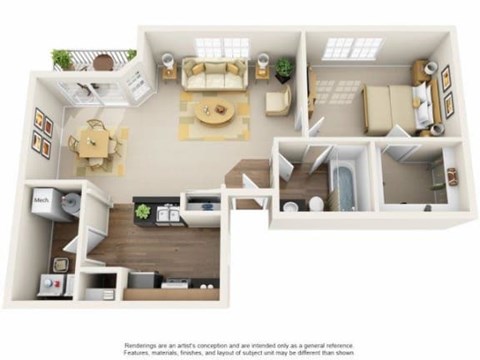 Floor plan for 1 bed, 1 bath, 750 sqft