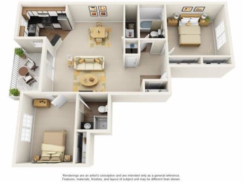 Floor plan for 2 beds, 2 baths, 1000 sqft