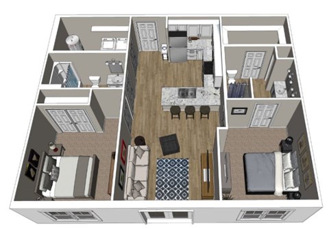 Floor plan for 2 beds, 2 baths, 1005 sqft
