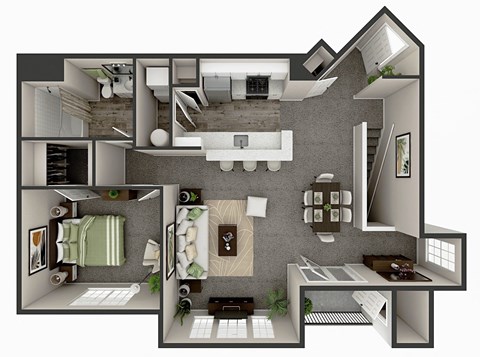 Floor plan for 1 bed, 1 bath, 917 sqft