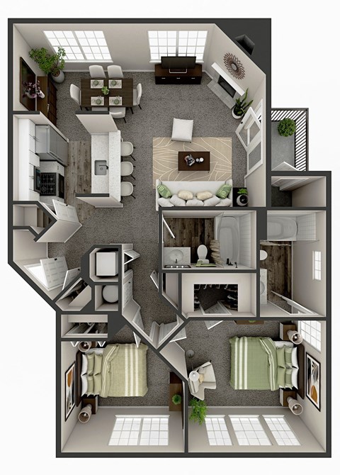 Floor plan for 2 beds, 2 baths, 1000 sqft