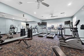 St. Louis townhouse for rent - A gym with a variety of equipment including treadmills, weights, and exercise machines.