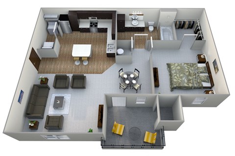 Floor plan for 1 bed, 1 bath, 837 sqft