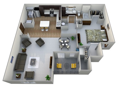 Floor plan for 1 bed, 1 bath, 1075 sqft