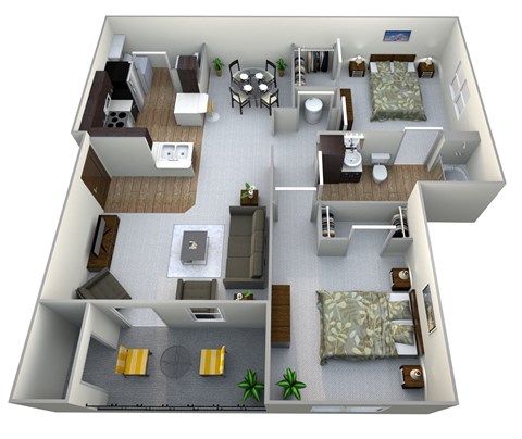 Floor plan for 2 beds, 1 bath, 1043 sqft