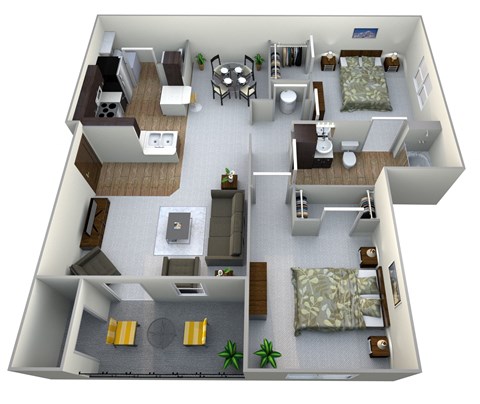 Floor plan for 2 beds, 1 bath, 1043 sqft