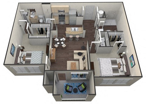 Floor plan for 2 beds, 2 baths, 1077 sqft