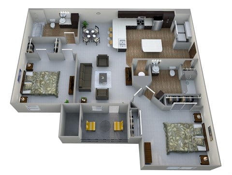Floor plan for 2 beds, 2 baths, 1071 sqft