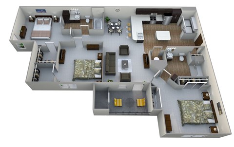 Floor plan for 3 beds, 2 baths, 1271 sqft