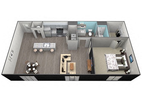 Floor plan for 1 bed, 1 bath, 770 sqft