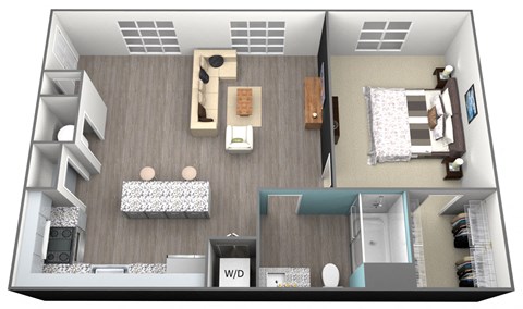 Floor plan for 1 bed, 1 bath, 736 sqft