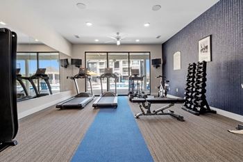 A gym with treadmills, weights, and exercise equipment.
