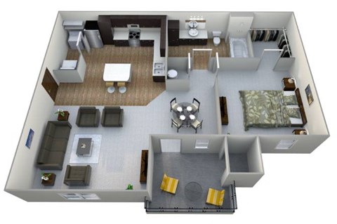 Floor plan for 1 bed, 1 bath, 837 sqft