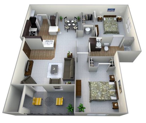 Floor plan for 2 beds, 1 bath, 1043 sqft