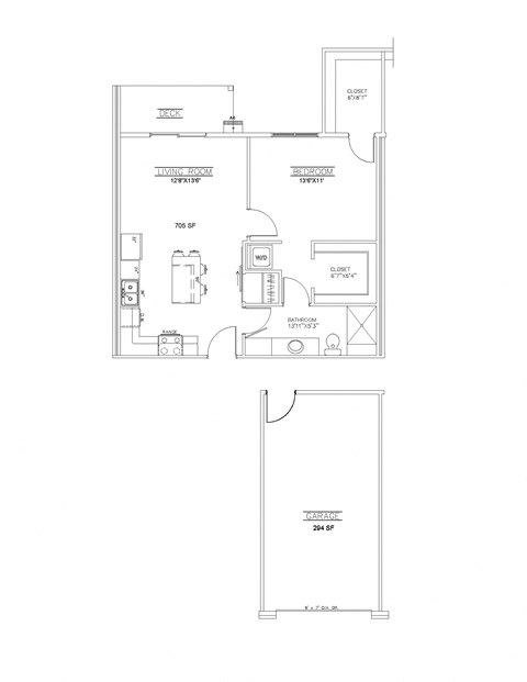 Floor plan for 1 bed, 1 bath, 705 sqft