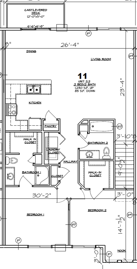 Floor plan for 2 beds, 2 baths, 1230 sqft