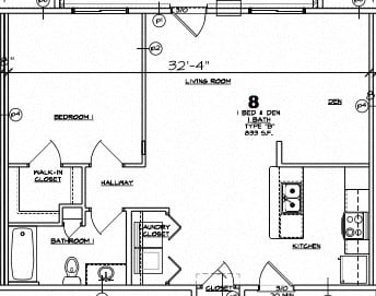 Floor plan for 1 bed, 1 bath, 833 sqft