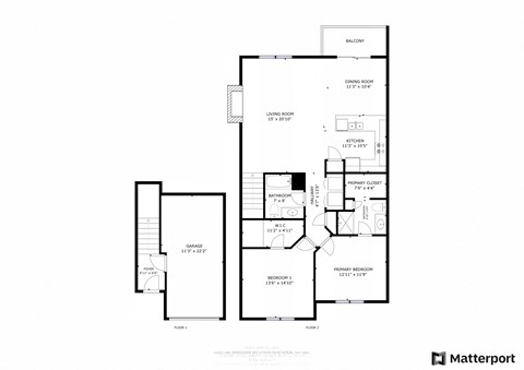 Floor plan for 2 beds, 2 baths, 1215 sqft