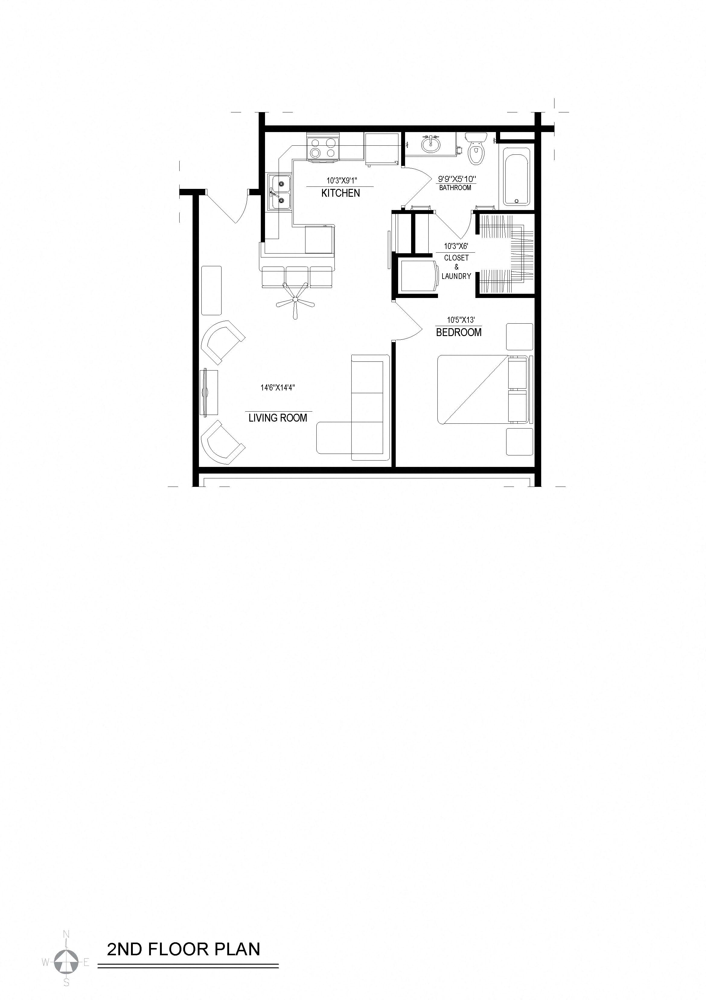 Floor plan for 1 bed, 1 bath, 646 sqft