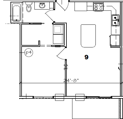 Floor plan for 1 bed, 1 bath, 605 sqft