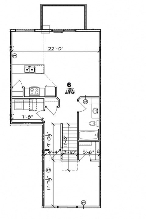 Floor plan for 1 bed, 1 bath, 843 sqft