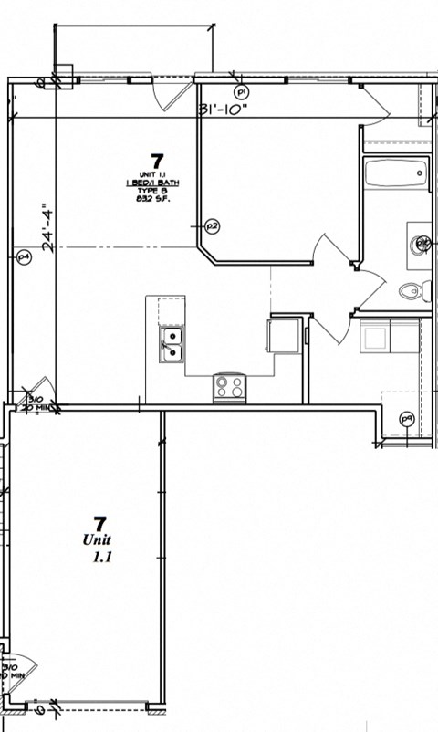 Floor plan for 1 bed, 1 bath, 832 sqft