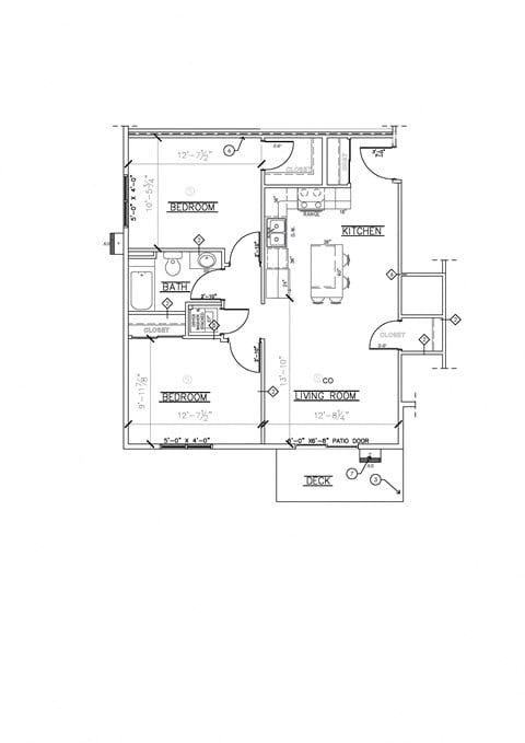 Floor plan for 2 beds, 1 bath, 782 sqft