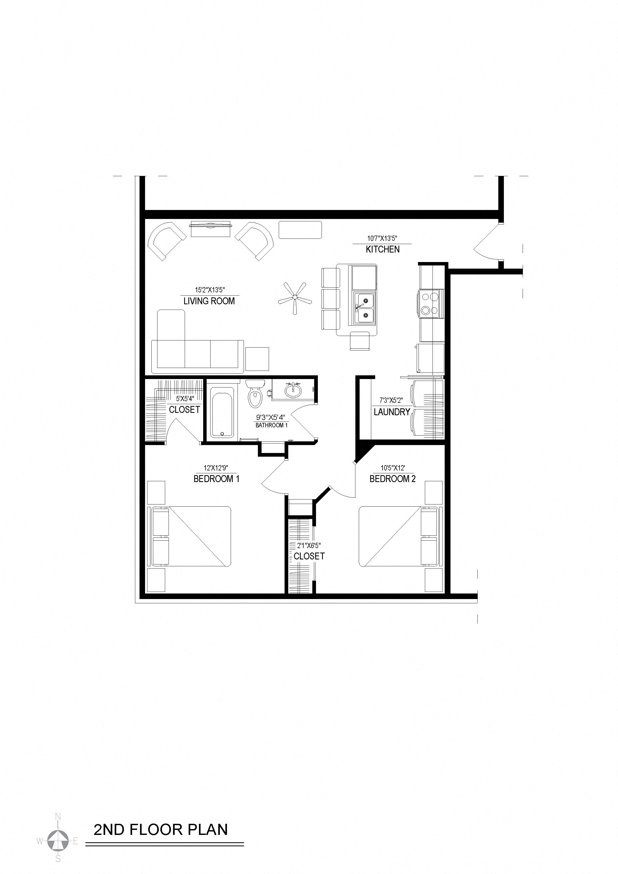 Floor plan for 2 beds, 1 bath, 896 sqft