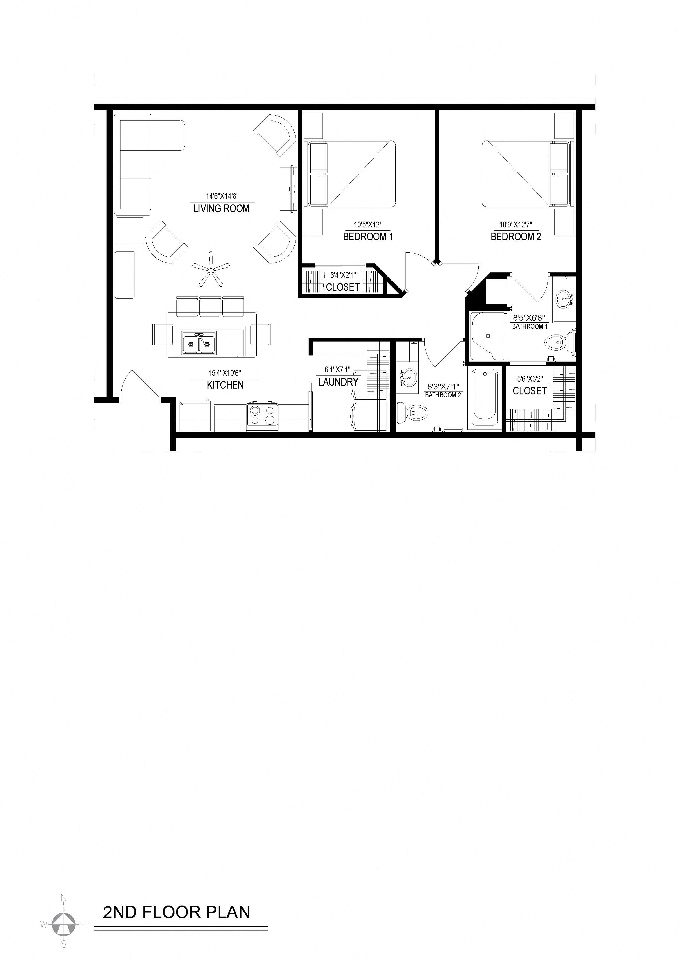 Floor plan for 2 beds, 2 baths, 948 sqft