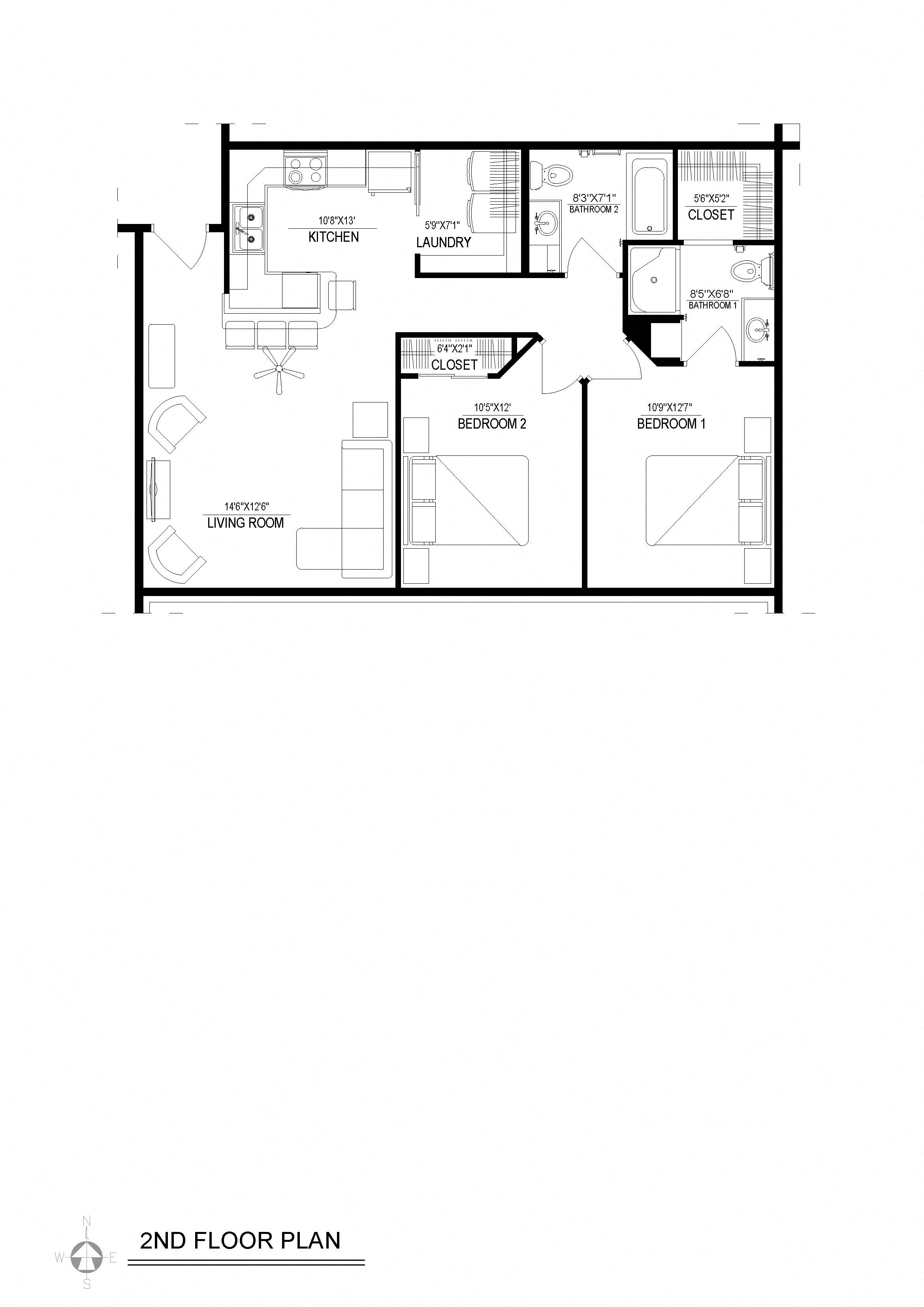 Floor plan for 2 beds, 2 baths, 940 sqft