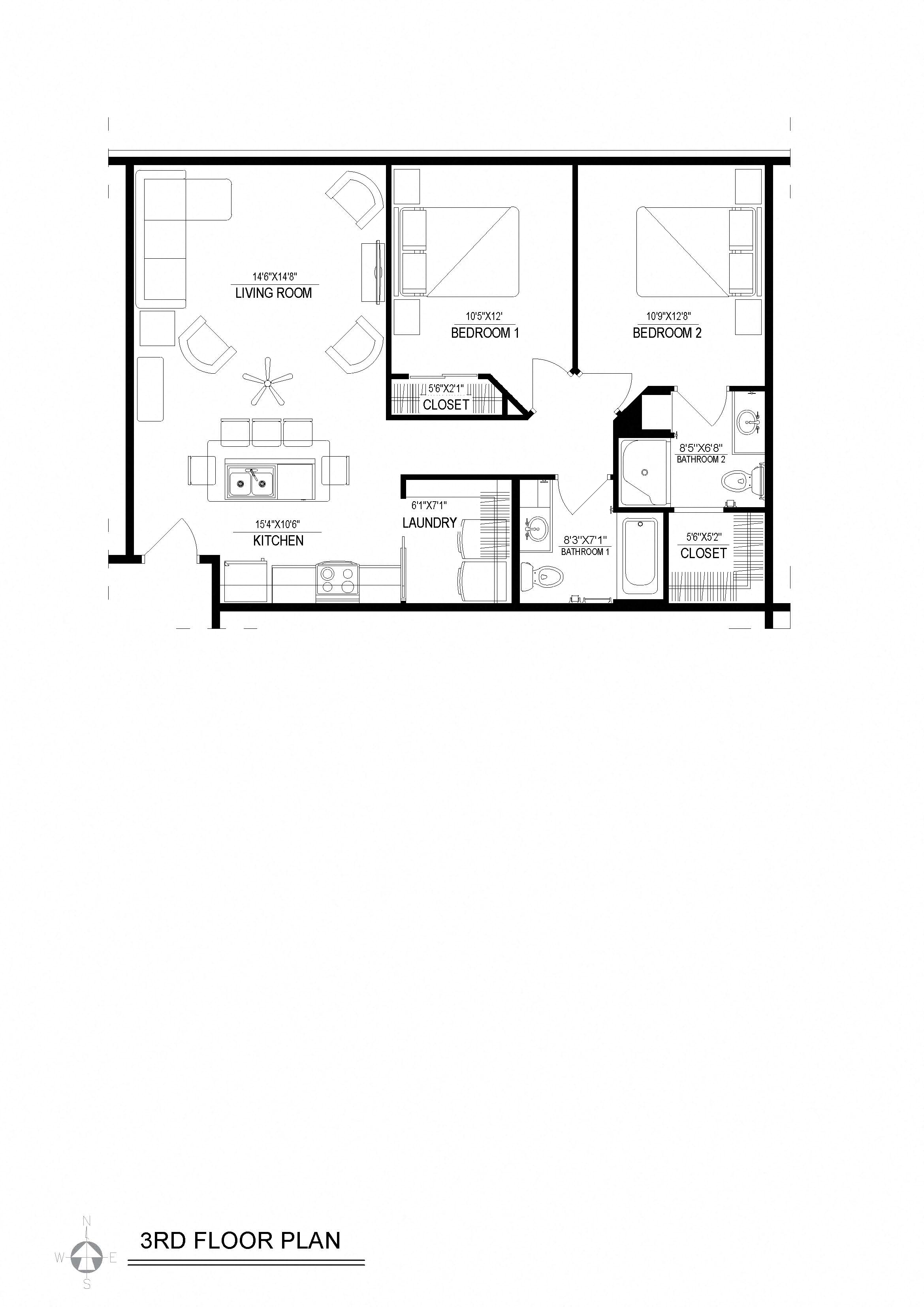 Floor plan for 2 beds, 2 baths, 948 sqft