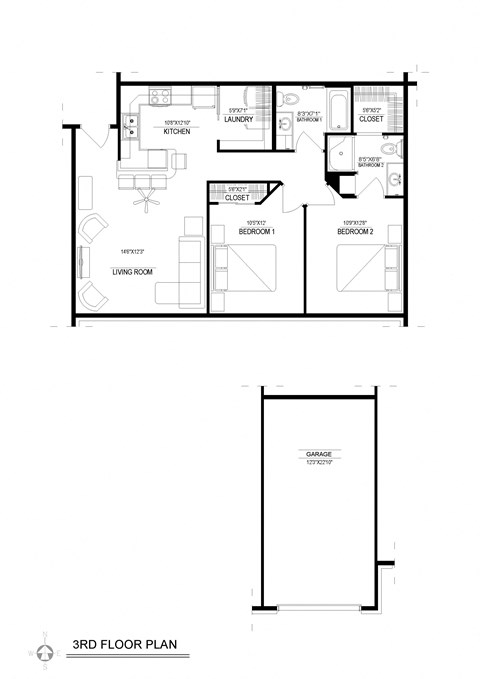 Floor plan for 2 beds, 2 baths, 940 sqft