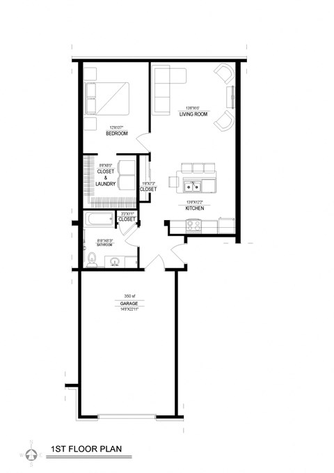 Floor plan for 1 bed, 1 bath, 800 sqft