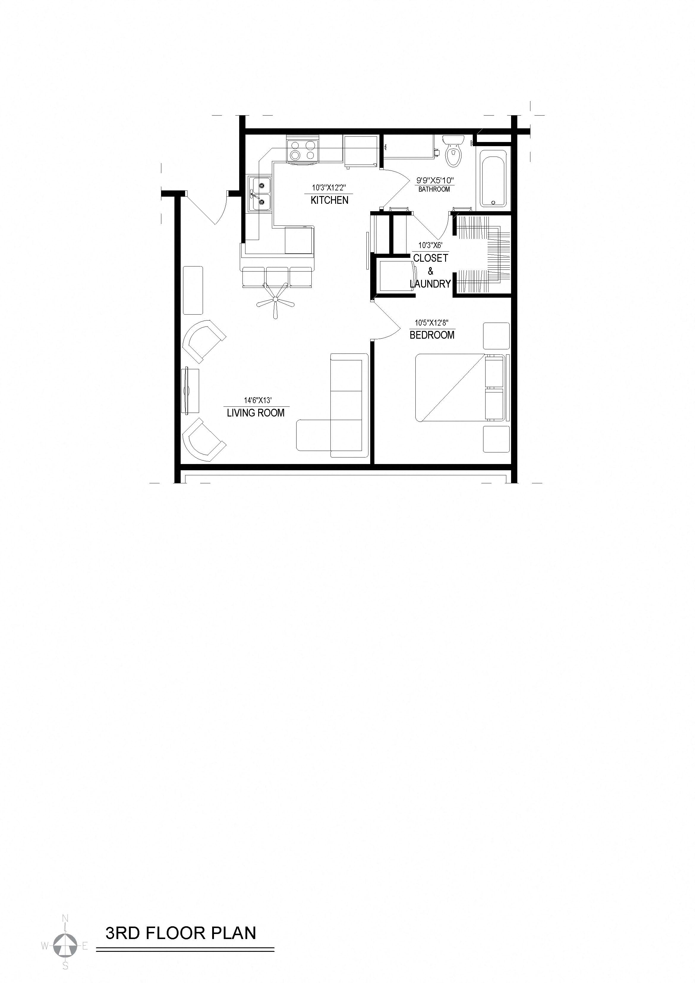 Floor plan for 1 bed, 1 bath, 646 sqft