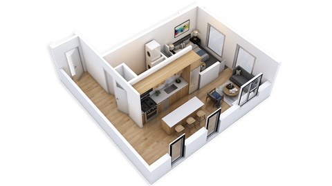 Floor plan for 1 bed, 1 bath, 721 sqft